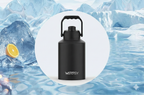 Black thermos bottle with ice and lemon on a icy background, featuring the WATENSY brand.