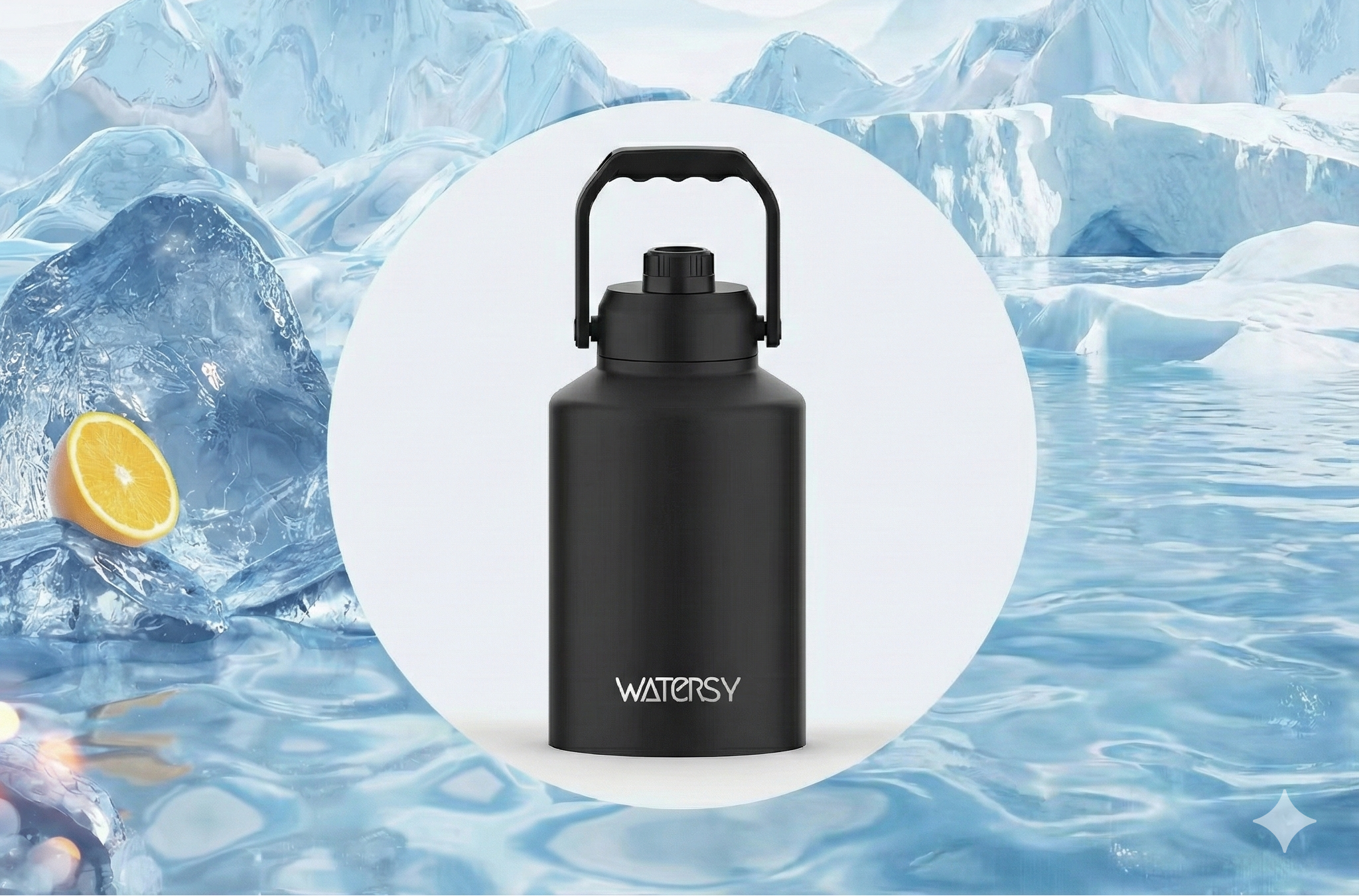 Black thermos bottle with ice and lemon on a icy background, featuring the WATENSY brand.