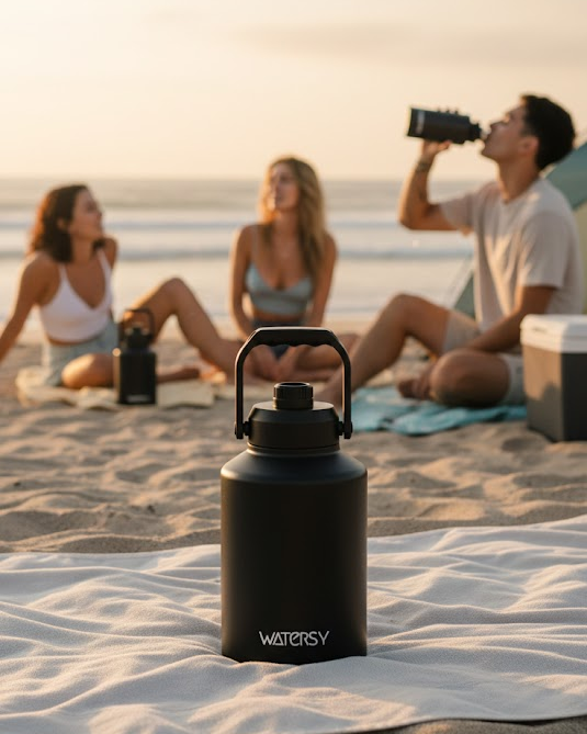 People on a beach with a black water bottle labeled 'WATERY' in the foreground.