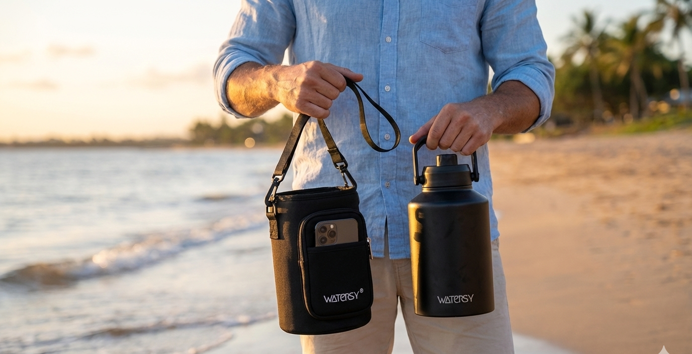 Person holding two black lanterns on a beach at sunset